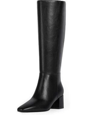 Women's Black Knee High Boots Chunky Heel Square Toe Tall Long Block Heel Boots